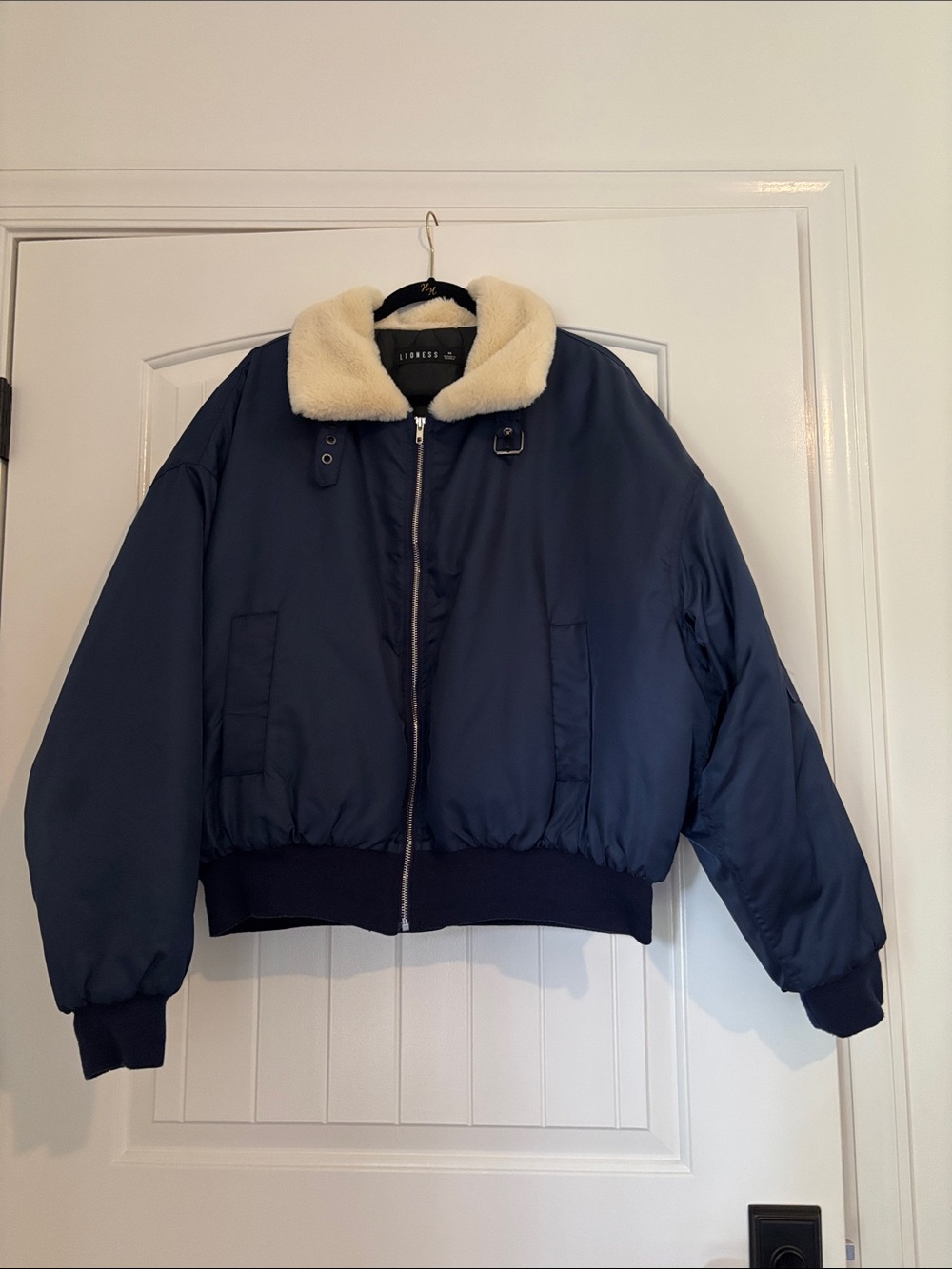 Lioness Navy Bomber Jacket with Cream Faux-Fur Collar